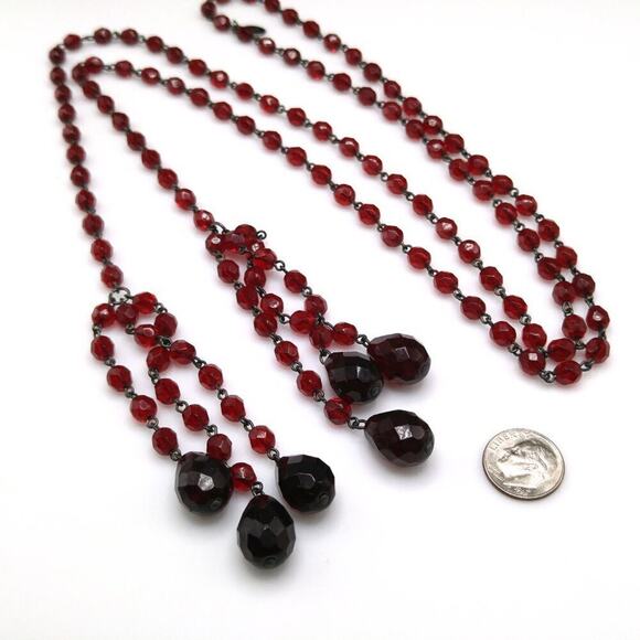 Vintage Red Crystal Necklace, Lydell NYC, Lariat Tassels Black End Pieces, 48 In - Picture 5 of 9